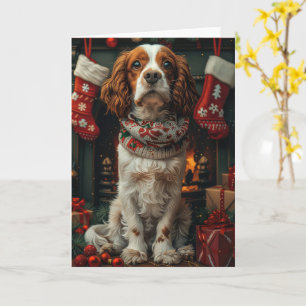 Springer Spaniel Hond Met Kerstcadeau Open haard Kaart