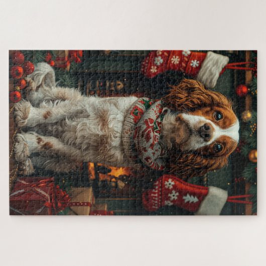 Springer Spaniel Hond Met Kerstcadeau Open haard Legpuzzel (Horizontaal)