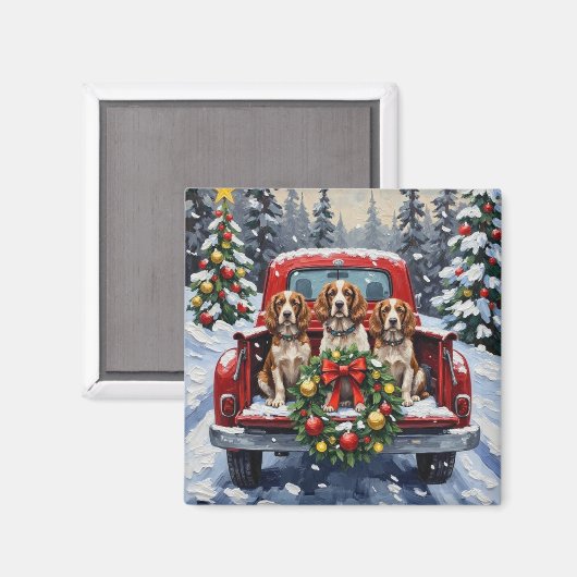 Springer Spaniel Kerstmis Rode Truck Vakantie Magneet (Voorkant / Achterkant)