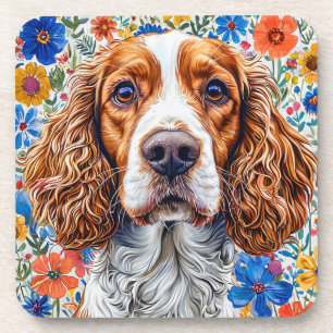 Springer Spaniel met kleurrijke bloemenachtergrond Bier Onderzetter