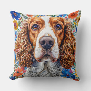 Springer Spaniel met kleurrijke bloemenachtergrond Kussen