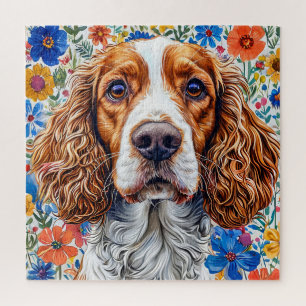 Springer Spaniel met kleurrijke bloemenachtergrond Legpuzzel