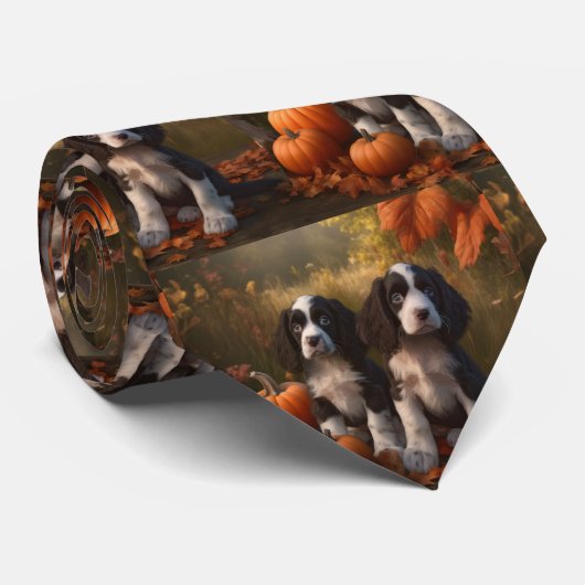 Springer Spaniel Puppy Herfst Delight Pompoen Stropdas (Opgerold)