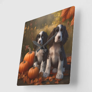 Springer Spaniel Puppy Herfst Delight Pompoen Vierkante Klok