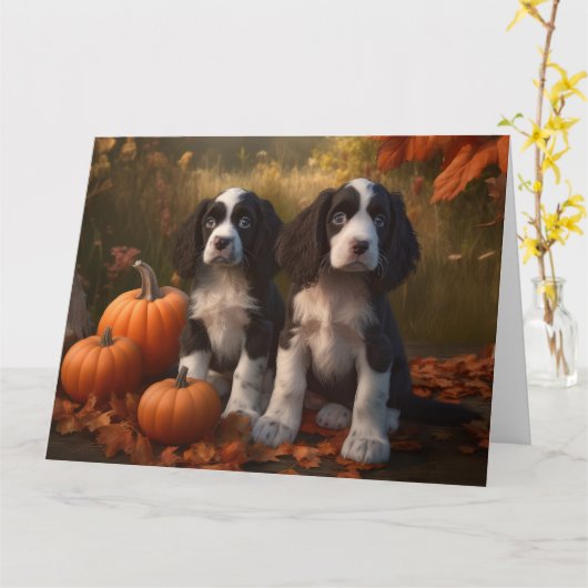Springer Spaniel Puppy Herfstpomp Pompoen Kaart (Gele Bloem)