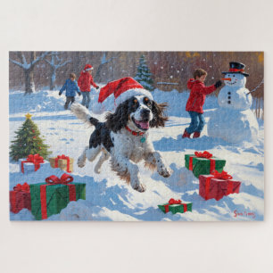 Springer Spaniel Rent Sneeuw met Kerstmuts Legpuzzel