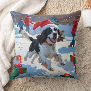 Springer Spaniel Rent Snow met Kerstmuts Kussen