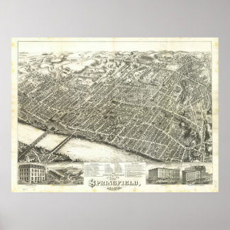 Springfield Mass. 1875 Antiek panoramische kaart Poster