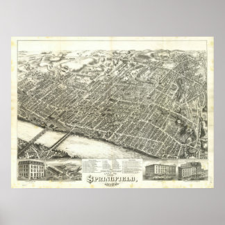 Springfield Mass. 1875 Antiek panoramische kaart Poster