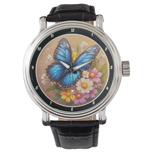 Spring's Whisper" - Blue Butterfly Floral Horloge (Voorkant)