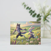 Springtime Chase - Speelse Wolf en Konijn Pasen Feestdagenkaart (Staand voorkant)