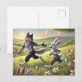 Springtime Chase - Speelse Wolf en Konijn Pasen Feestdagenkaart (Voorkant / Achterkant)