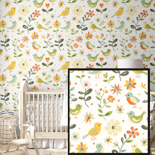  Springtime Flowers Vogels Groen Geel Behang