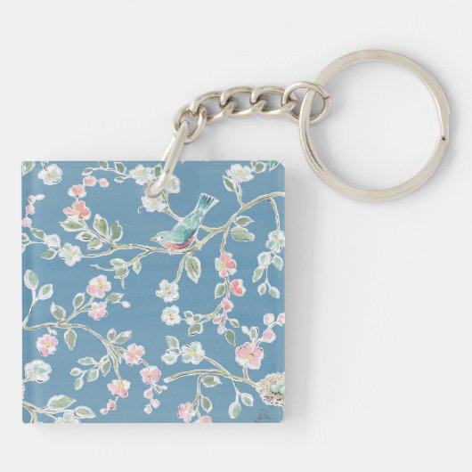 Springtime-patroon - vogels en bloemen sleutelhanger (Achterkant)