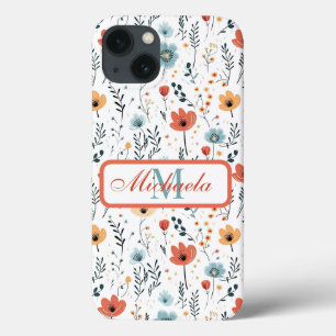 Springtime Wildflowers Patroon, Rust, Tan, Blauw iPhone 13 Hoesje