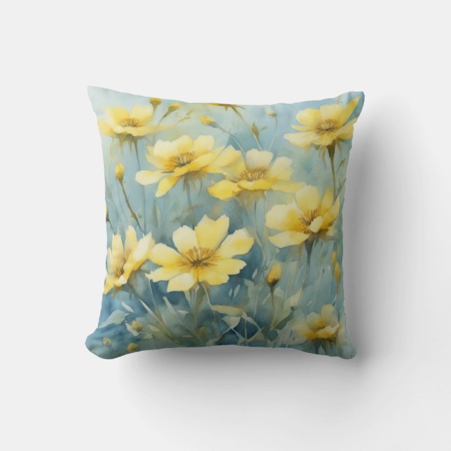 Springtime Yellow Wildflower Waterverf Bloemen Kussen (Voorkant)