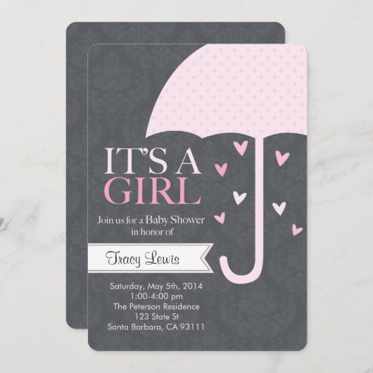 Sprinkle-Baby shower Uitnodiging in roze en grijs (Voorkant / Achterkant)