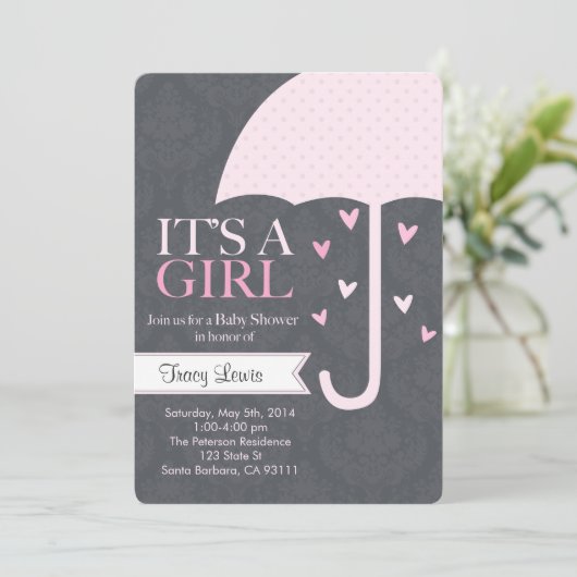 Sprinkle-Baby shower Uitnodiging in roze en grijs (Staand voorkant)