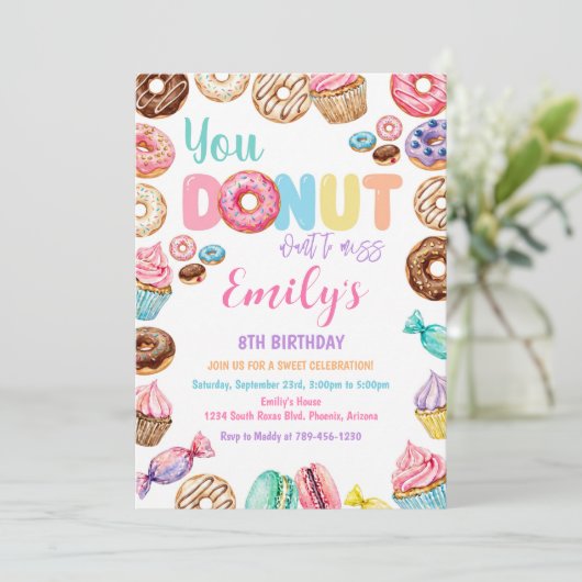 Sprinkled Donut Birthday Party for Girl Invitation (Debout devant)
