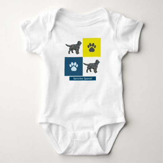 Sprocker Spaniel Dog & Paw Y&B Grid Square Romper (Voorkant)
