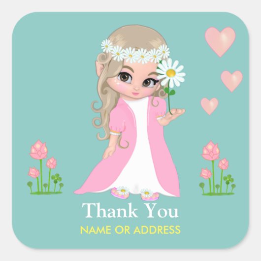 Sprookje & Bloemen Bedankt op Lichtblauwe Sticker (Voorkant)