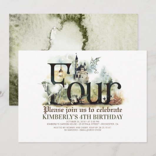 Sprookje Eenhoorn Draak Magisch Kasteel 4e Verjaar Kaart (Voorkant / Achterkant)