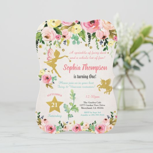 Sprookje en eenhoorn 1e verjaardag roze en goud kaart (Staand voorkant)