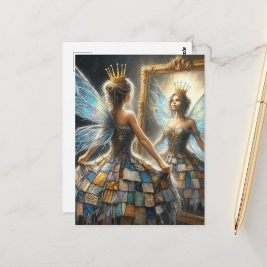 Sprookje in een gewatteerde jurk en een gouden kro briefkaart (Voorkant / Achterkant in situ)