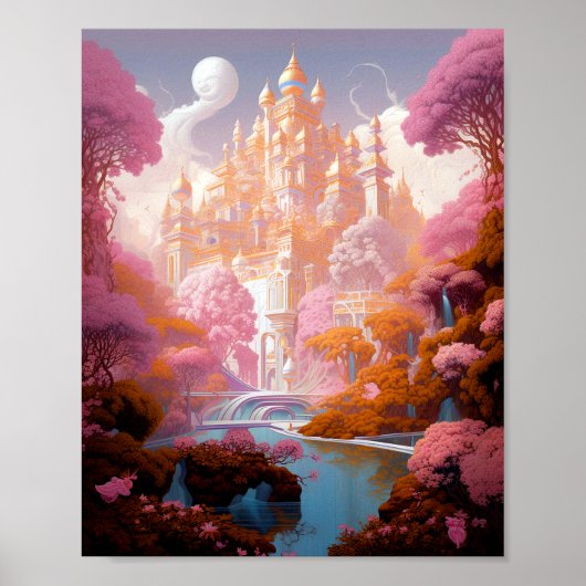 Sprookje Kasteel Roze Wit Goud Fantasy Kunst Poster (Voorkant)