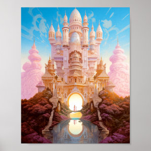 Sprookje Kasteel Roze Wit Goud Fantasy Kunst Poster