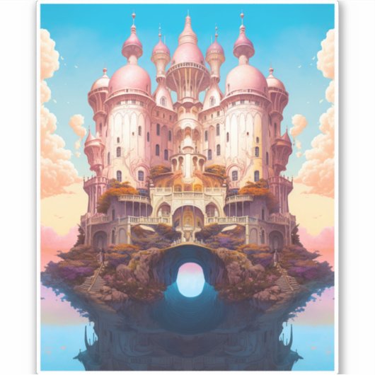 Sprookje Kasteel Roze Wit Goud Fantasy Kunst Sticker (Voorkant)
