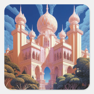 Sprookje Kasteel Roze Wit Goud Fantasy Kunst Vierkante Sticker
