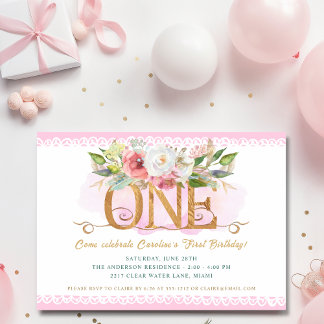 Sprookje Magische Bloemen Roze 1e Verjaardagsfeest Kaart