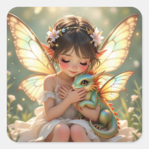 Sprookje met fee en draak Chibi anime Vierkante Sticker