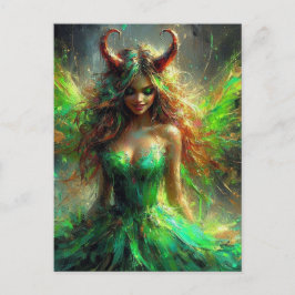 Sprookje met hoorns in een groene jurk briefkaart