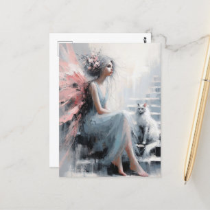 Sprookje met witte kat op de trap briefkaart