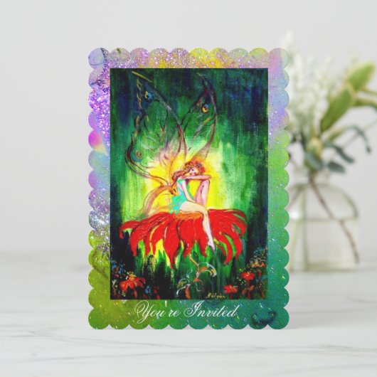 Sprookje op rode bloem Paars Geel Groen Glitters Kaart (Staand voorkant)