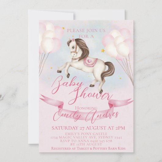 Sprookje Pony Stars Roze Ballons Baby shower Kaart (Voorkant)