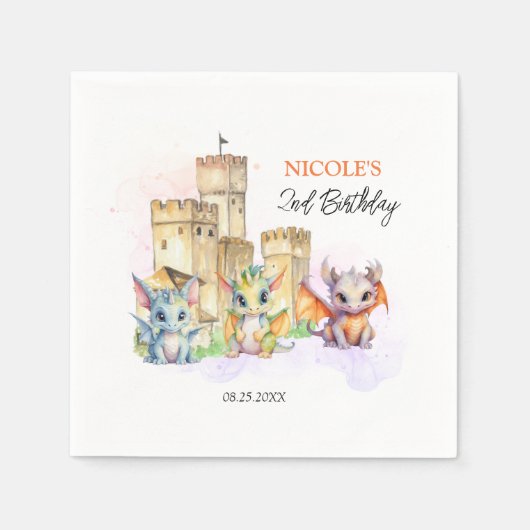 Sprookje Schattige Baby Dragons Castle Verjaardag Servet (Voorkant)