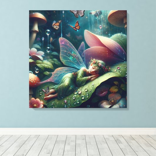 Sprookje Slapen op een paddenstoel | Blanco Canvas Afdruk (Insitu (Houten vloer))