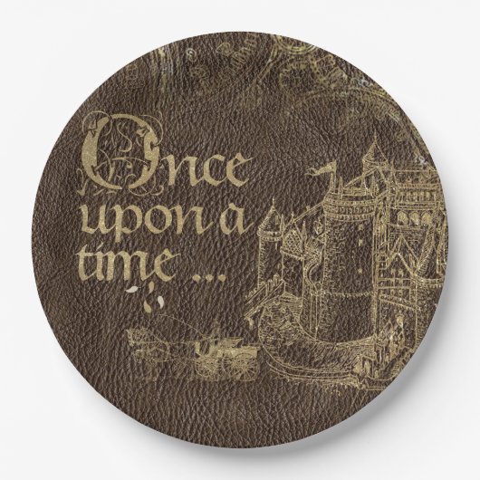 sprookje thema gouden kasteel op leder papieren bordje (Voorkant)