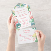 Sprookje Voor Twee Flamingo Tropische Bloem All In One Uitnodiging (Afscheurbaar)