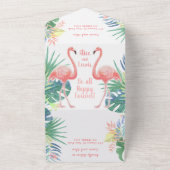 Sprookje Voor Twee Flamingo Tropische Bloem All In One Uitnodiging (Buitenkant)