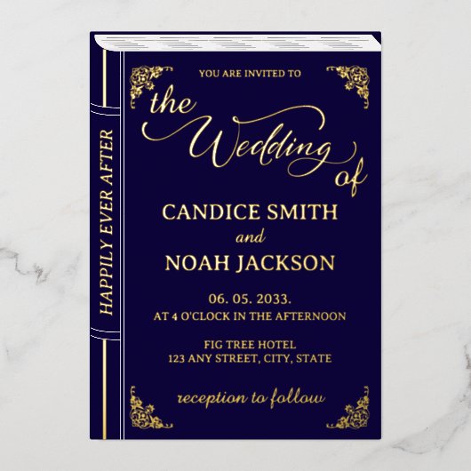 Sprookje Whimsical Book Hoesje Navy Blue Wedding Folie Uitnodiging (Voorkant)
