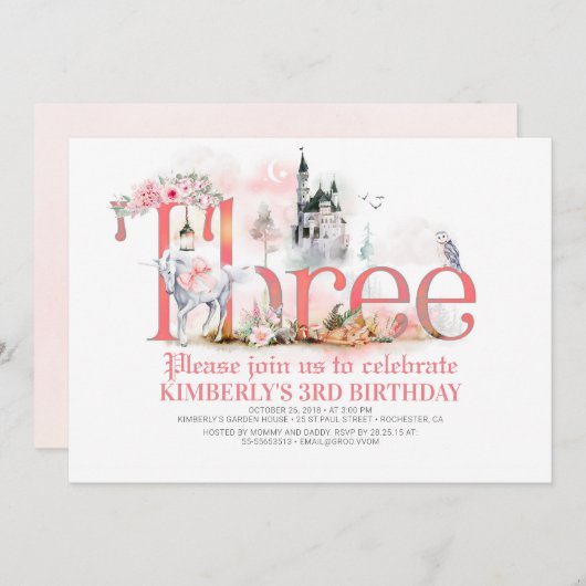 Sprookjes Eenhoorn Prinses Kasteel 3e Verjaardag Kaart (Voorkant / Achterkant)