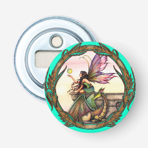 Sprookjes- en drakenfantasie kunst van Molly Harri Button Flesopener
