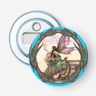 Sprookjes- en drakenfantasie kunst van Molly Harri Button Flesopener