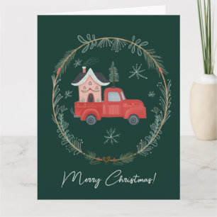 Sprookjes Rode Kersttruck met Cozy House Kaart