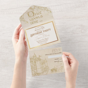Sprookjes Thema Kasteel Koets Goud Vintage All In One Uitnodiging