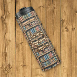 Sprookjesachtig boekenplankpatroon thermosbeker